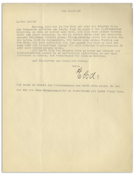 Elsa Einstein Letter Signed From 1933, Shortly After She and Albert Einstein Emigrated to the United States